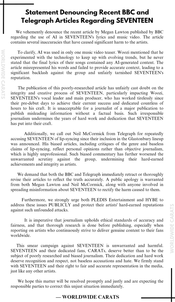[ADMIN NOTE]

Statement Denouncing Recent BBC and Telegraph Articles Regarding SEVENTEEN

#PLEDIS_PROTECT_YOUR_ARTIST 
#PLEDIS_PROTECT_SEVENTEEN
#더_잘해주세요_하이브_플레디스
<a href="/pledisnews/">PLEDIS ENTERTAINMENT</a> <a href="/pledis17_STAFF/">SEVENTEEN STAFF</a> <a href="/HYBEOFFICIALtwt/">HYBE OFFICIAL</a> <a href="/BBCWorld/">BBC News (World)</a> <a href="/Telegraph/">The Telegraph</a>