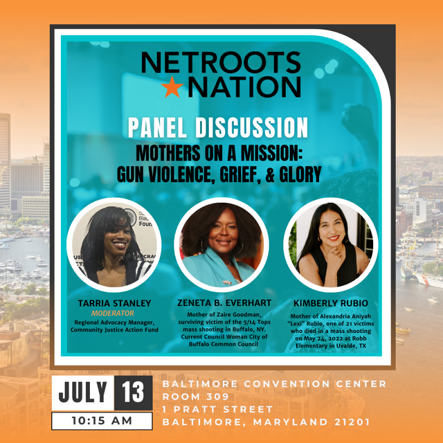 Netroots_Nation's tweet photo. Mothers on a Mission: Gun Violence, Grief and Glory. Now in the #NN24 app &amp; rm 309. Ulvalde Mom Kimberly Rubio @kimrubio21 Tarria Stanley of Community Justice Action Fund @CJACTIONFUND
&amp; Buffalo Common Council Woman Zeneta B Everhart who survived the Tops shooting @CouncilWomanZE https://t.co/G725lcU9eN