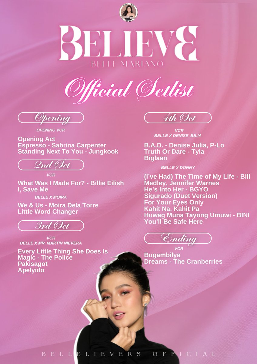 #BELIEVETheConcert Official Setlist! 🩷

You did a wonderful job, <a href="/bellemariano02/">Belle Mariano</a>! 🥹

BELLELIEVE BIRTHDAY CONCERT

#BELIEVETheBirthdayConcert 
#BelleMariano