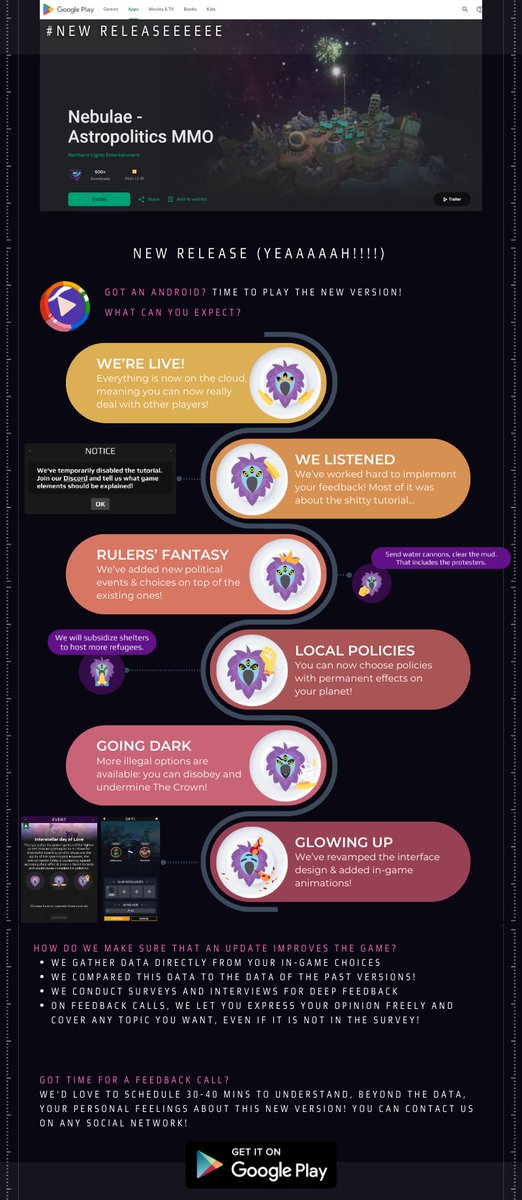 PlayNebulae's tweet image. #MontlhyUpdates #June2024

🍾🍾🍾#Alpha2.0 is now live on the Google Play Store: play.google.com/store/apps/det… 

✍️We are looking forward to receiving your feedback (join the discord: discord.gg/NujghSt3SC )!!

#IndieGameDev
