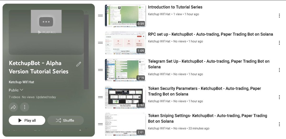 $KWH Ketchupwifhat &amp; KetchupBot

📚 Dive into our KetchupBot Alpha tutorials on YouTube! 🎉

The playlist features 7 videos with more to come. 🎬 

Exclusive early access for those who purchased 2 Sol during the pre-sale or hold 1M+ KetchupWifHat tokens. 🌟

Verify on Discord and