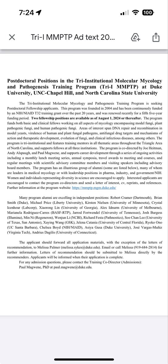 Mycology postdoc fellowship support mmptp.mgm.duke.edu

Postdoctoral Positions in the Tri-Institutional Molecular Mycology
and Pathogenesis Training Program (Tri-I MMPTP) at Duke
University, UNC-Chapel Hill, and North Carolina State University
