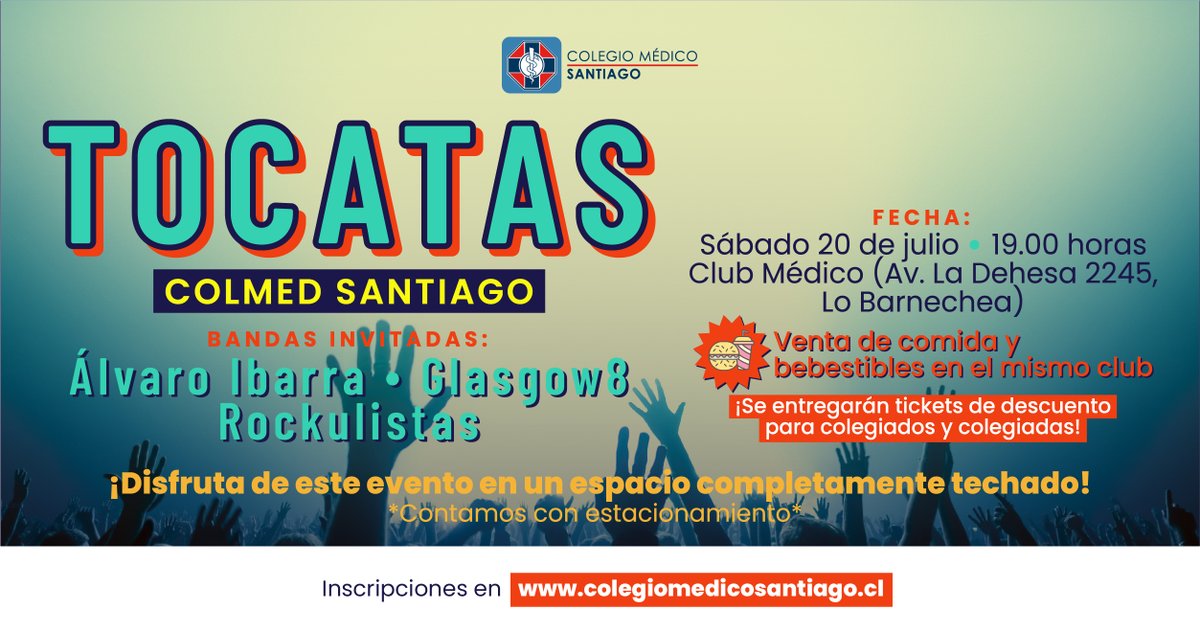 ColMedSantiago's tweet photo. ¡Regresan las #Tocatas! 🤩
Te invitamos a un espacio de amistad. ¡No te pierdas este evento organizado especialmente para nuestr@s colegiad@s amantes de la música 🎶
🗒️20 de julio
🕰️19:00
📍@club_medicocl
📌Detalles: https://t.co/1X043EntS3 https://t.co/qCsO9BtVGR