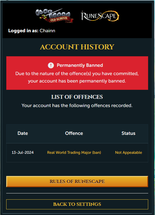 OSRSChain's tweet photo. Just got hit with a rwt ban for using gold to buy Corporal beast boosting (in-game service). Please someone look into this. Maxed main.
@JagexSupport @JagexAsh @JagexAyiza @JagexBlossom @JagexLight @JagexZee @JagexTwisted @JagexGoblin @JagexAthena @jagexyuey @JagexNoodles https://t.co/XEbPw9LT8E