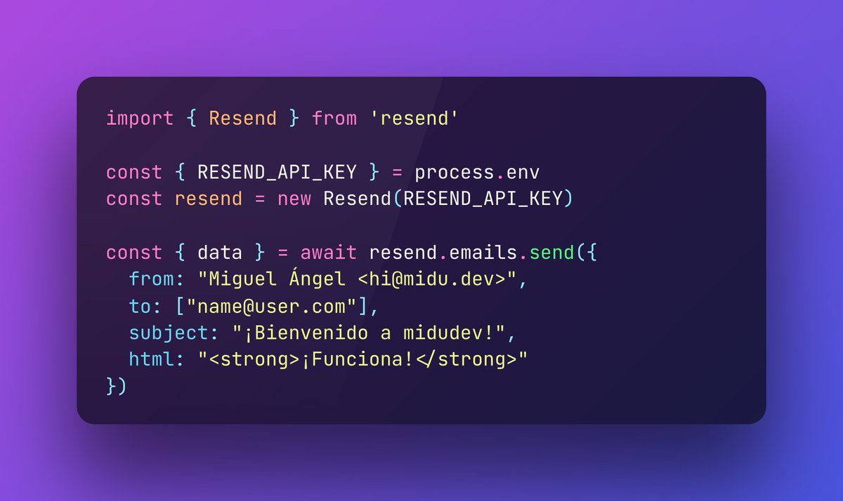 midudev's tweet image. ¿Tienes que enviar EMAILS desde tu WEB o APP?
Esta API te permite enviar 3000 correos GRATIS al mes
Se llama Resend y está disponible para:
JavaScript, Python, Java, Go y más:
Código para enviar un email en Node.js ↓