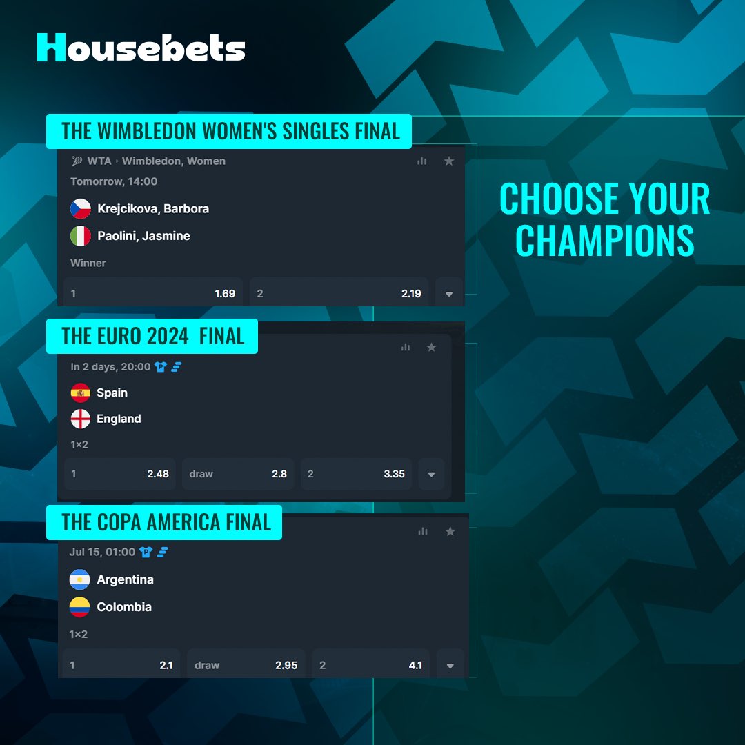 housebets's tweet photo. This weekend is for Champions as the #Euro2024, #CopaAmerica2024 and #WIMBLEDON finals take centre stage.
What’s your prediction for all the finals taking place this weekend?
#Housebets #EURO2024 #Bitcoin #WIMBLEDON #Onlinecasino https://t.co/7DMWtNZ403
