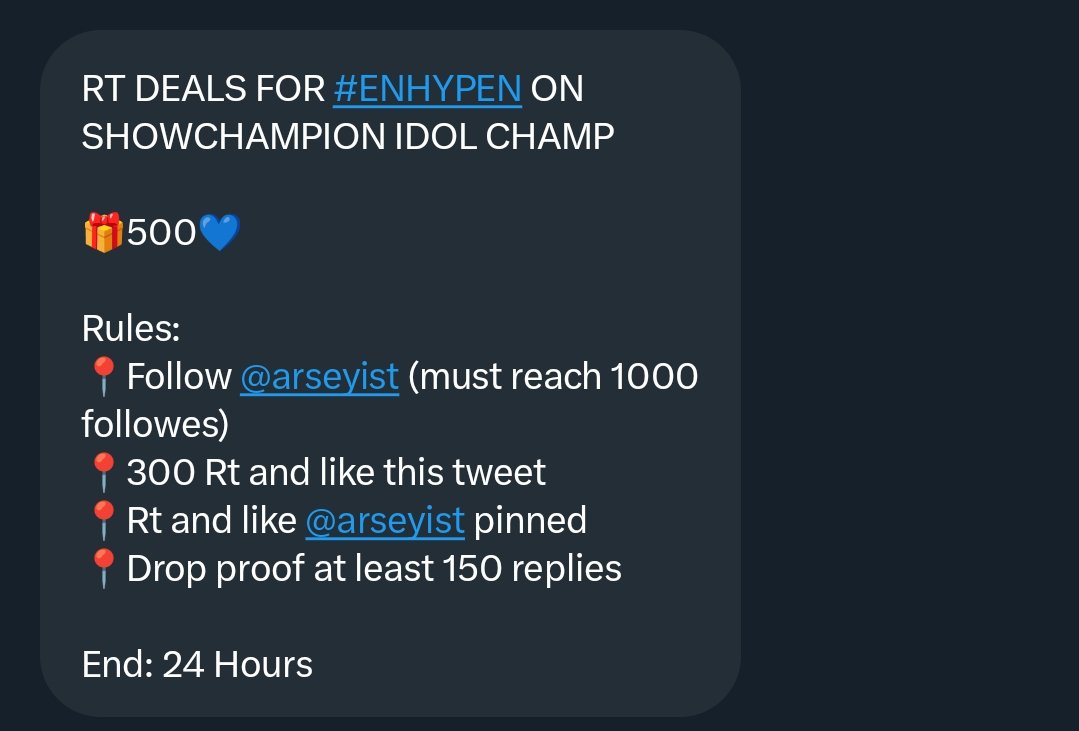 JAnneeee_0's tweet image. RT DEALS FOR #ENHYPEN ON SHOWCHAMPION IDOL CHAMP

🎁500💙

Rules: 
📍Follow @arseyist (must reach 1000 followes) 
📍300 Rt and like this tweet 
📍Rt and like @arseyist pinned
📍Drop proof at least 150 replies

End: 24 Hours
#ENFuelUp #ENVOOSTERS
