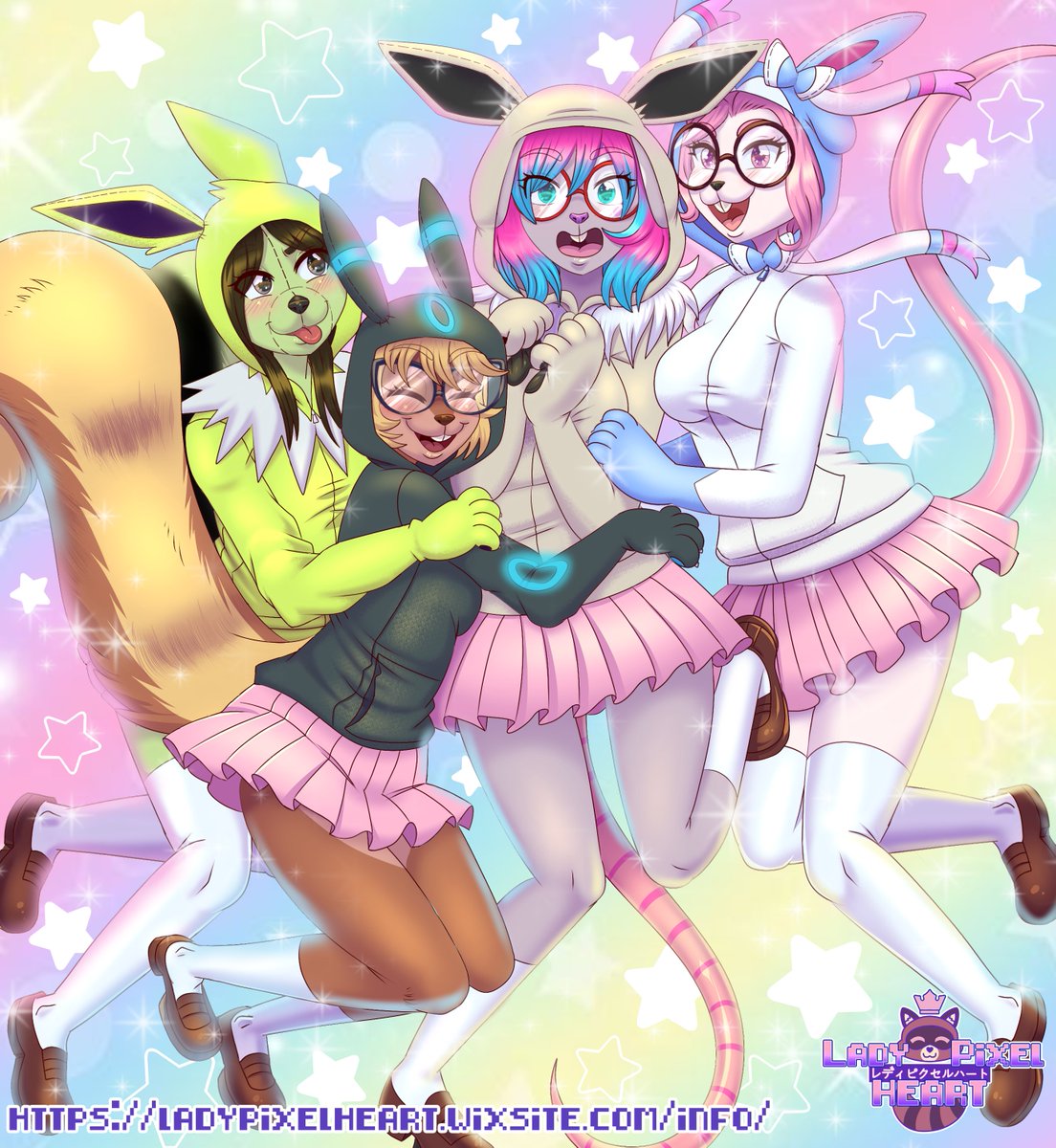 ladypixelheart's tweet image. Commission for @CasterAlice  featuring themselves and friends dressed in shiny eeveelution hoodies!

Keep being shiny girls! ✨✨