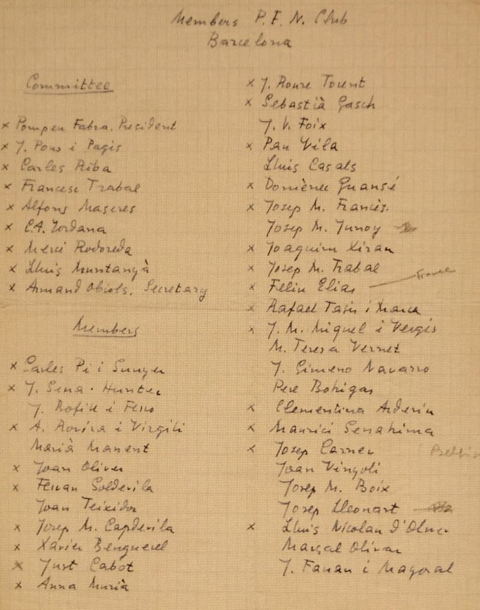 deleslletres's tweet photo. Llista elaborada per Armand Obiols el gener de 1939, adreçada al Pen Club Internacional amb els noms (marcats amb una creueta) dels membres del Pen Club català que emprenien el camí de l'exili. https://t.co/VeAsgDe82A