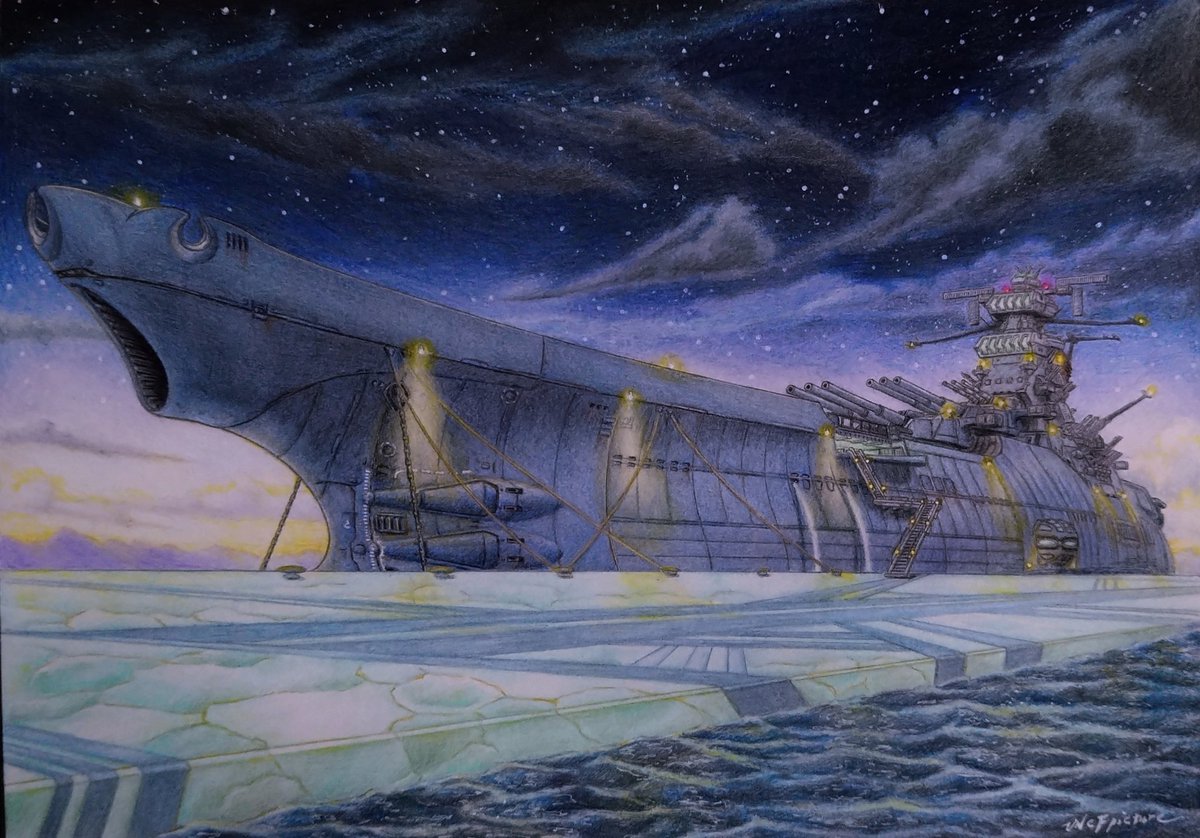 UNCFpicture's tweet photo. 夜明け〜故郷へ〜
イスク・サン・アリアに停泊する宇宙戦艦ヤマトを描きました✍️
#宇宙戦艦ヤマト2199
#三等宙尉のイラスト #色鉛筆 https://t.co/6JWmqGpua6