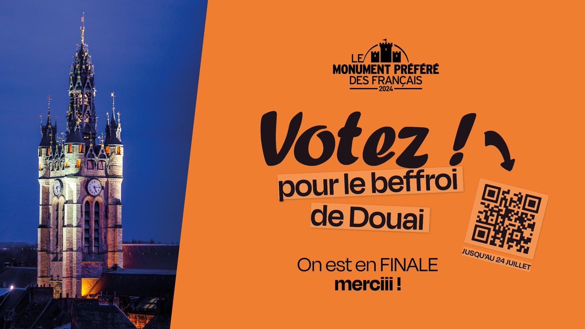 🎉 Le Beffroi de #Douai est en lice pour devenir le Monument Préféré des Français 2024 !

🤩 On compte sur le soutien de nos habitants pour l’amener vers la victoire !

🗳️ Votez avant le 24 juillet et faites briller le patrimoine des #hautsdefrance ➡️  ow.ly/XLvV50SAOvC