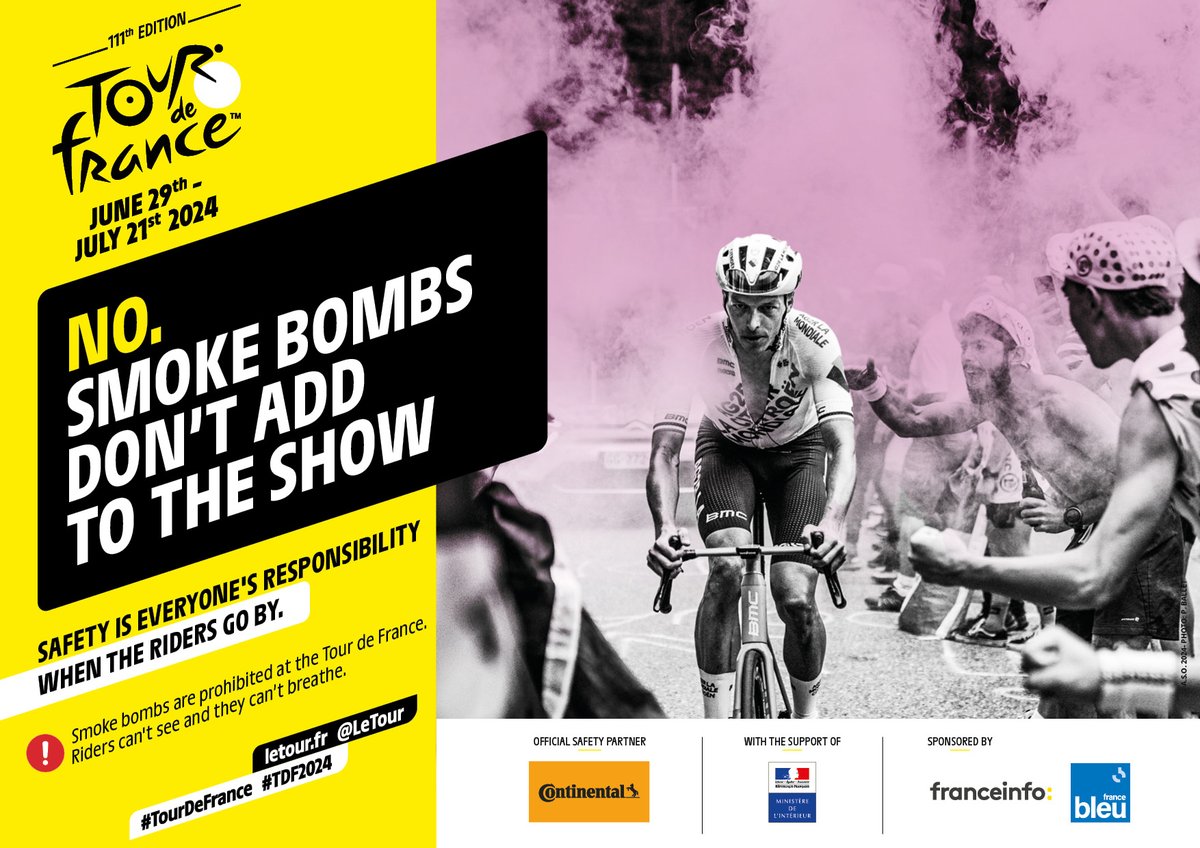 Tour de France™ (@letour) on Twitter photo 🚫 DO NOT TOUCH THE RIDERS.
🚫 DO NOT USE SMOKE BOMBS.
🚫 KEEP YOUR ANIMALS ON A LEAD.
🚫 KEEP YOUR PHONES BEHIND THE BARRIERS.
🚫 DON'T RUN ON THE ROAD.
#TDF2024 | #RespectTheRiders | <a href="/cpacycling/">CPA Cycling</a> 🚫 DO NOT TOUCH THE RIDERS.
🚫 DO NOT USE SMOKE BOMBS.
🚫 KEEP YOUR ANIMALS ON A LEAD.
🚫 KEEP YOUR PHONES BEHIND THE BARRIERS.
🚫 DON'T RUN ON THE ROAD.
#TDF2024 | #RespectTheRiders | <a href="/cpacycling/">CPA Cycling</a>