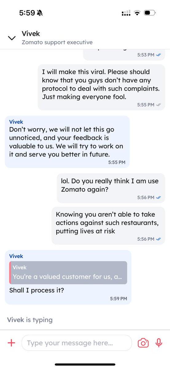 VixTx (@vikramdeyy) on Twitter photo 2/2 <a href="/zomato/">zomato</a> <a href="/zomatocare/">Zomato Care</a> What is your SOP for such complaints? What actions have you taken against the restaurant? I guess you have done nothing. The customer care is useless.
<a href="/ZomatoItalia/">Zomato Italia</a> <a href="/ZomatoUAE/">zomatouae</a> <a href="/ZomatoUK/">Zomato UK</a> <a href="/ZomatoSA/">Zomato South Africa</a> You all be careful. 2/2 <a href="/zomato/">zomato</a> <a href="/zomatocare/">Zomato Care</a> What is your SOP for such complaints? What actions have you taken against the restaurant? I guess you have done nothing. The customer care is useless.
<a href="/ZomatoItalia/">Zomato Italia</a> <a href="/ZomatoUAE/">zomatouae</a> <a href="/ZomatoUK/">Zomato UK</a> <a href="/ZomatoSA/">Zomato South Africa</a> You all be careful.