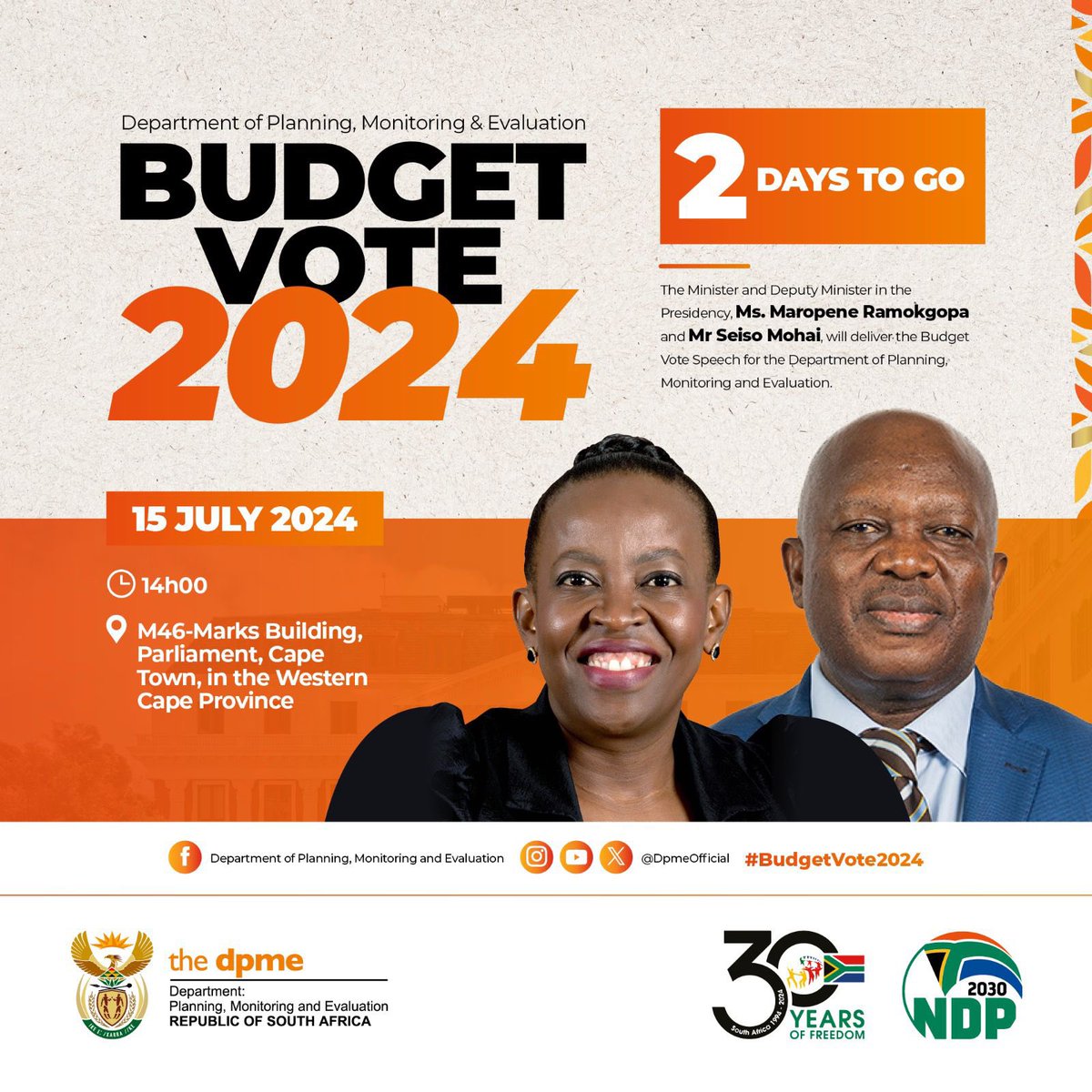 GovernmentZA's tweet photo. *📣 2 DAYS TO GO* 

Minister Maropene Ramokgopa and Deputy Minister Seiso Mohai to deliver the Department of Planning, Monitoring and Evaluation budget policy statement. #BudgetVote2024 https://t.co/Qb2WlJsJ29