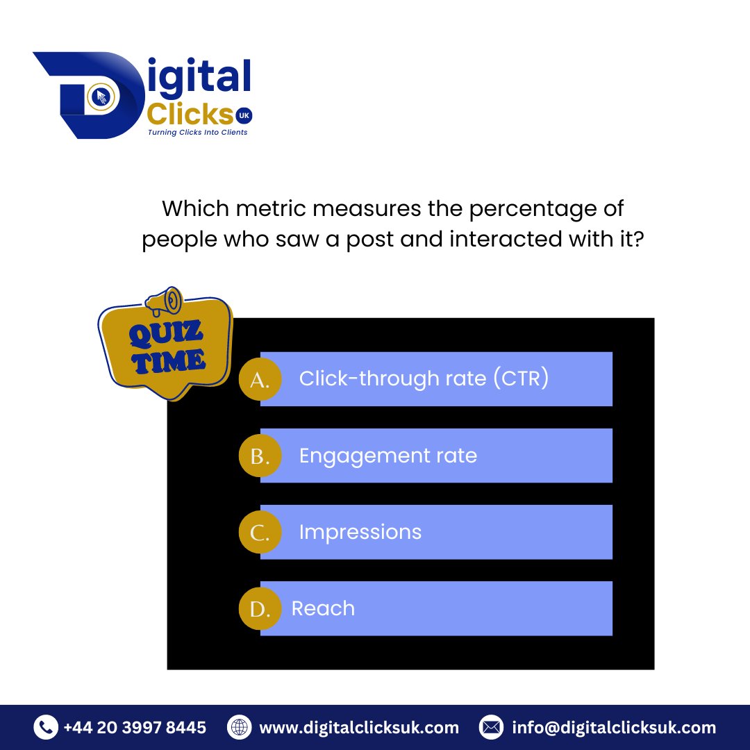 digitalclicksuk's tweet photo. Which metric measures the percentage of people who saw a post and interacted with it?
Click here for free website audit and Consultation
https://t.co/x0Mn7s3nUv
#websitedevelopment #digitalclick #digitalmarketing
#socialmediaagency #socialmedia #seo
#webdevelopmentservices https://t.co/KolJHS1wyl