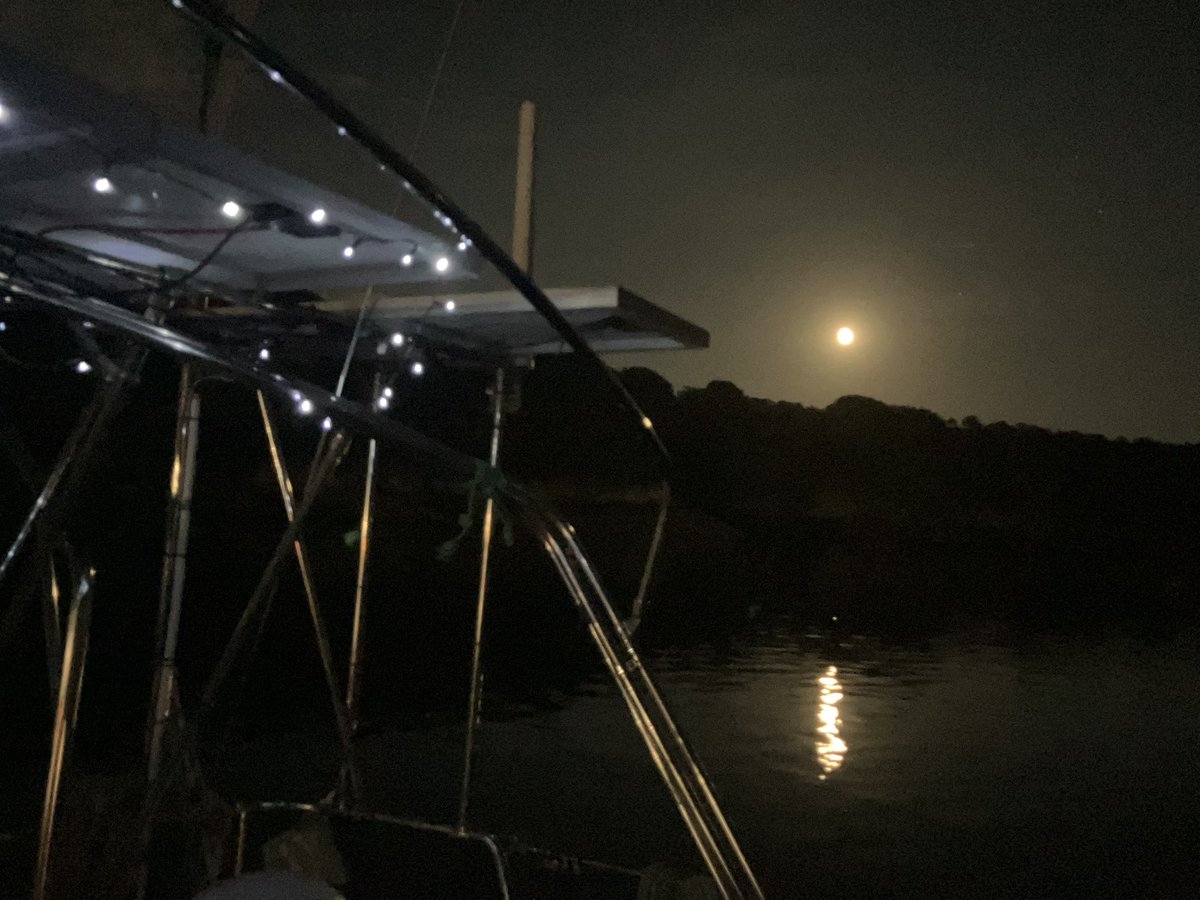 ThurstanC's tweet photo. @ViewFromShikhar Midsummer night at the back of the boat, with the new fairy lights and the solstice moon, anchored on the River Lynher https://t.co/EmK83eykrT