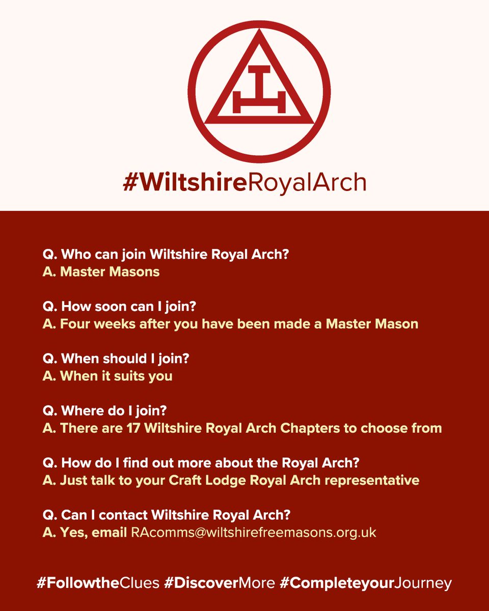 #WiltshireRoyalArch Ready To Join Royal Arch? There are a number of people in your Craft Lodge that can help Brethren who are interested in joining Royal Arch. The Lodge mentor, Lodge Chapter representative or any Brother wearing a Chapter jewel. Just Ask! <a href="/wiltspgl/">Wiltshire Freemasons</a> @pgcWiltshire