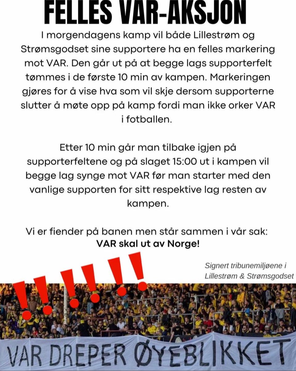 marcusharaldsen's tweet image. Håper resterende klubber gjør slikt i sine respektive kamper!!🫡 Sammen skal vi få VAR vekk! #Eliteserien #VARdreper #VARut #VAR #strømsgodset #lillestrøm #fredrikstad #molde #brann #kfum #tromsø #odd #hamkam #sandefjord #bodøglimt #viking #kbk #haugesund @SfjTrey @FFKTrey