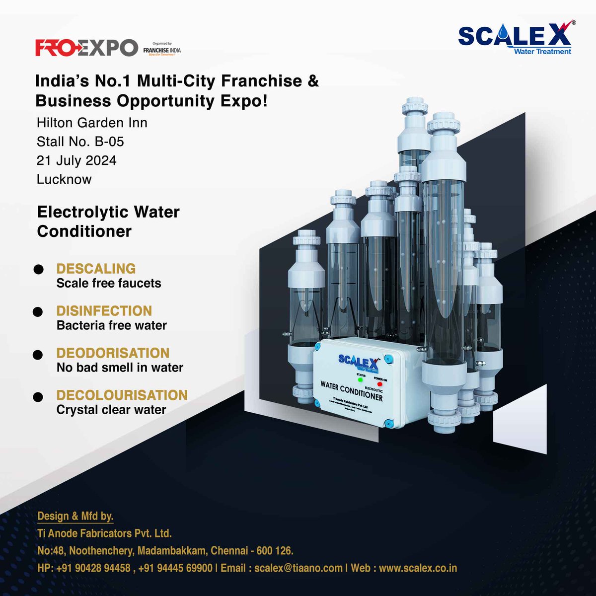 Ti_ScaleX's tweet image. Join Us at India’s No.1 Franchise &amp;amp; Business Expo!
Tiaano is excited to showcase our Electrolytic Water Conditioner.
#WaterTreatment #Innovation #ElectrolyticWaterConditioner #Tiaano #FROEXPO2024 #BusinessOpportunity #FranchiseIndia #Sustainability #CleanWater