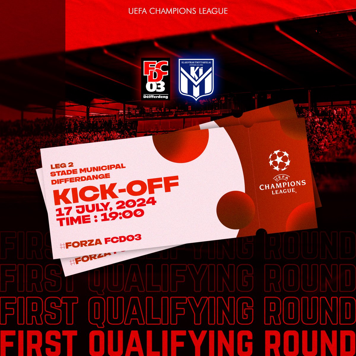 ❗️CHAMPIONS LEAGUE

First ever UEFA Champions League game at home! Despite an unlucky result in last week’s match, we won‘t give up and we‘ll fight hard for that dream! 

Get your tickets now: fienta.com/fr/fc-deifferd…

#forzafcd03 #nevergiveup #championsleague