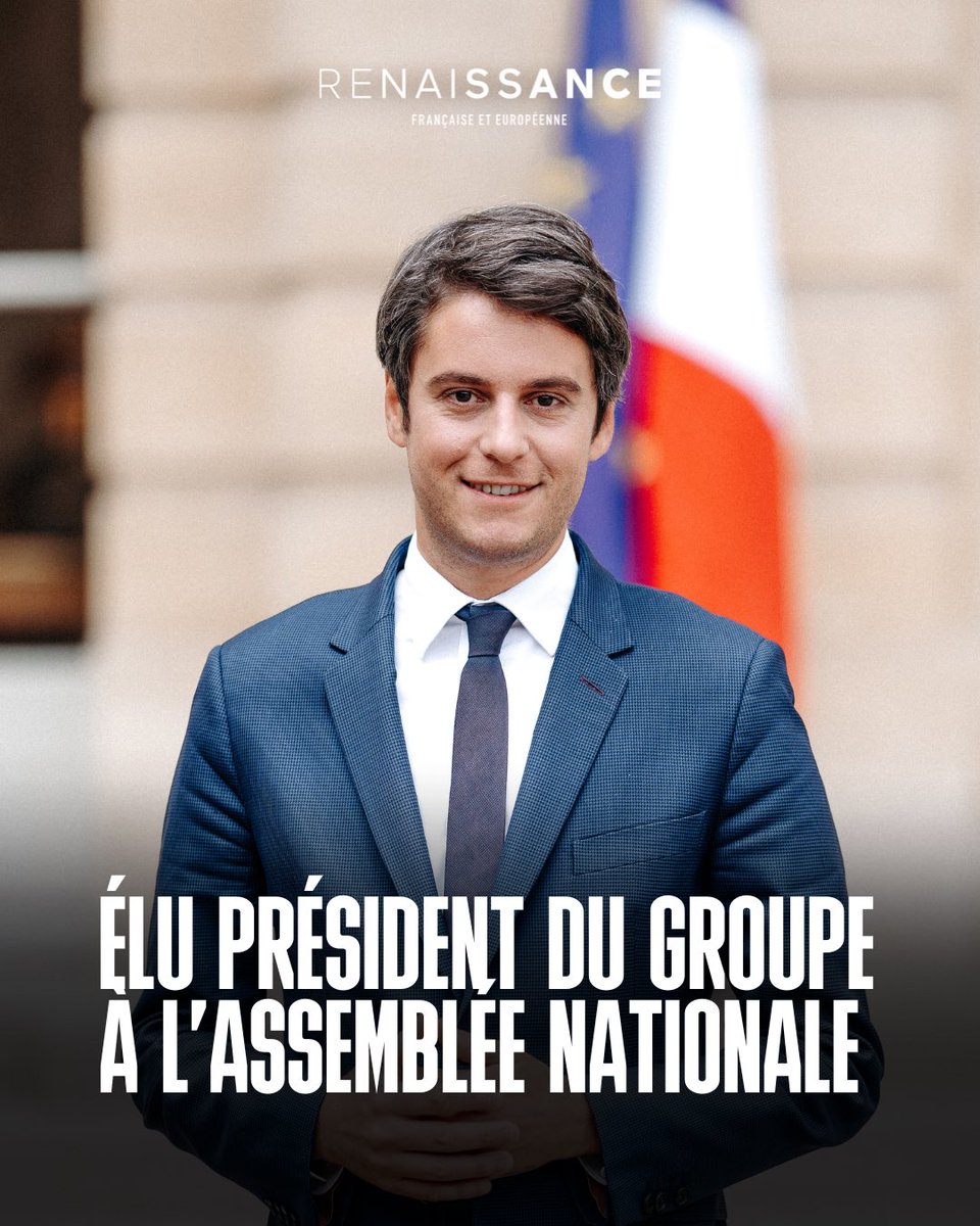 Renaissance (@renaissance) on Twitter photo 🇫🇷 Félicitations à <a href="/GabrielAttal/">Gabriel Attal</a>, élu président du groupe @DeputesRE à l'Assemblée nationale ce matin ! 🇫🇷 Félicitations à <a href="/GabrielAttal/">Gabriel Attal</a>, élu président du groupe @DeputesRE à l'Assemblée nationale ce matin !