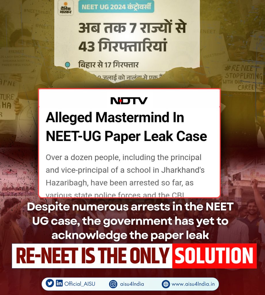 Official_AISU's tweet photo. Despite numerous arrests in the NEET UG case, the government has yet to acknowledge the paper leak.
𝗥𝗲-𝗡𝗘𝗘𝗧 𝗶𝘀 𝘁𝗵𝗲 𝗼𝗻𝗹𝘆 𝘀𝗼𝗹𝘂𝘁𝗶𝗼𝗻 to ensure fairness and equal opportunity for all students.
#NEET_परीक्षा #NEETUGUPDATE  #NEETPaperLeak2024 https://t.co/Dqb2r1zQ5v