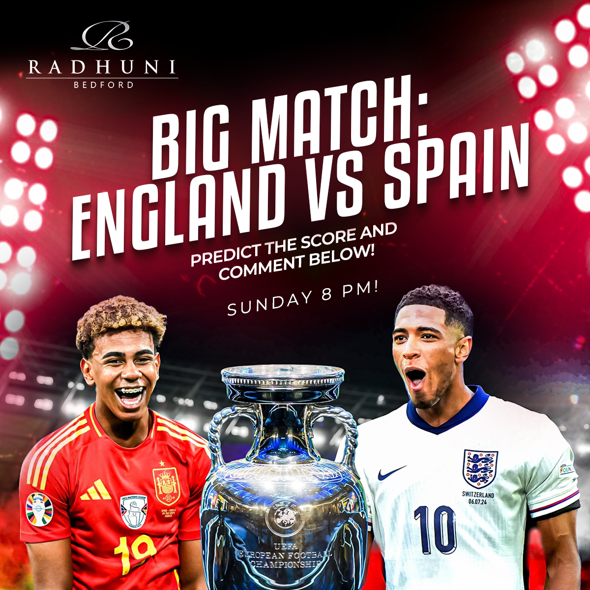 Big match: England vs Spain, Sunday 8 pm! 🏆

Celebrate the weekend with us and show your support for England! 🏆🍻 
-
☎ 0123 427 2770
🌐 radhunibedford.com
🏢 38 The Embankment, Bedford, Bedfordshire MK40 3PF
-
-
-
#euro2024 #footballfinal #finalmatch #spainvsengland