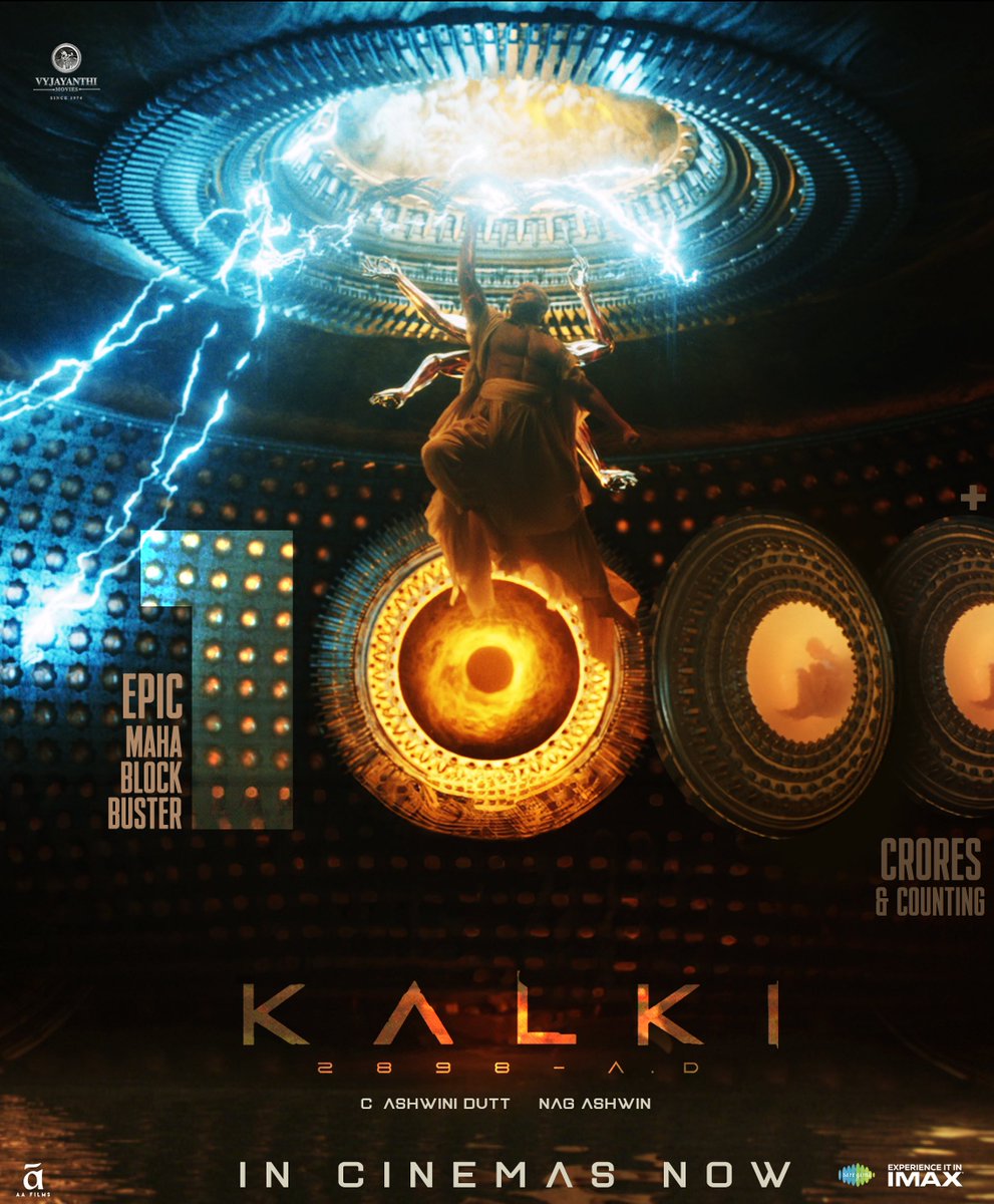 VyjayanthiFilms's tweet photo. 1000 CRORES and counting…💥

This milestone is a celebration of your love. We poured our hearts into this film, and you embraced it with open hearts.

Thank you to the audience across the world ❤️ 

#Kalki2898AD #1000CroreKalki
@SrBachchan @ikamalhaasan #Prabhas @deepikapadukone @nagashwin7 @DishPatani @Music_Santhosh @VyjayanthiFilms @Kalki2898AD @saregamaglobal @saregamasouth
