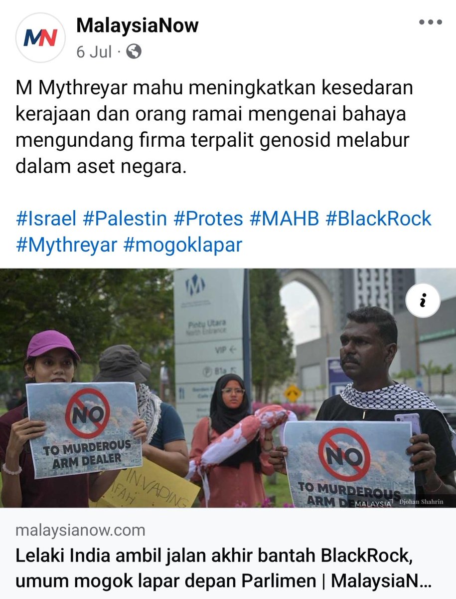 WanNabilahBtMu1's tweet photo. M Mythreyar mahu meningkatkan kesedaran kerajaan dan orang ramai mengenai bahaya mengundang firma terpalit genosid melabur dalam aset negara.π
https://t.co/wT4LJ2kskh
#Israel #Palestin #Protes #MAHB #BlackRock #Mythreyar #mogoklapar #KualaLumpur #TolakBlackRock #FreePalestine https://t.co/inogo6L4Cs