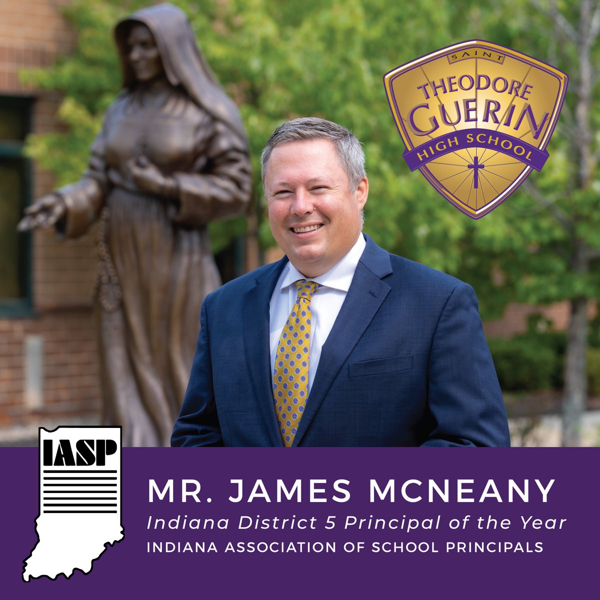 GuerinCatholic's tweet photo. Congrats to James McNeany who was recognized as the Ind. District 5 H.S. Principal of the Year! James has served as GC principal since 2013. He &amp; his wife Jennifer have five children (Noah '20; Evan '22; Adam '25; Mary'27; &amp; Colin) &amp; are members of St. Maria Goretti in Westfield. https://t.co/vu35wtqXgf
