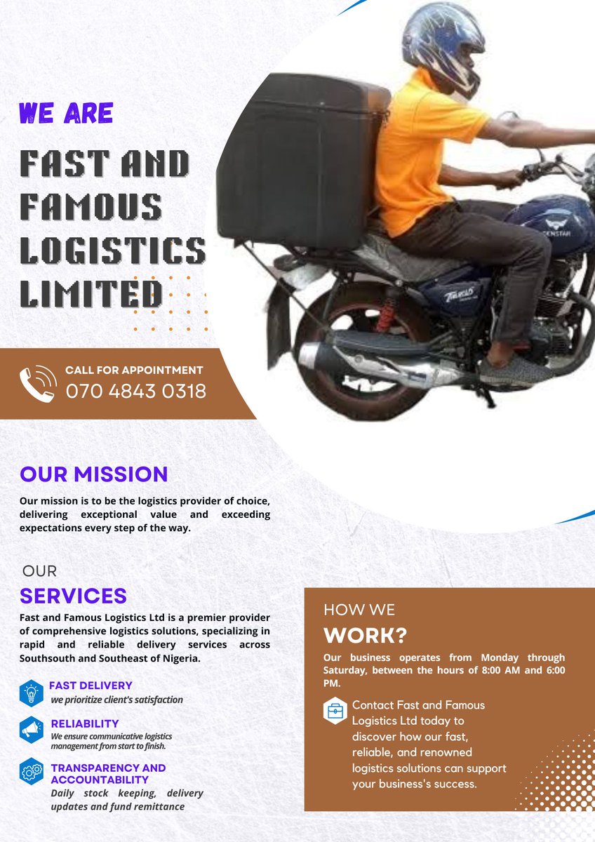 Samekmkd's tweet photo. @aonanuga1956 Fast and Famous Logistics Ltd.

Coverage Area:
- Akwa Ibom State (Head Office)
- Imo State
- Bayelsa State
- Ebonyi State
- Rivers State
- Cross River State
- Enugu State
- Anambra State
- Abia State

Contact Details:

Call: 07048430318
Email: fastandfamouslogisticsltd@gmail.com https://t.co/Fb69C52ZXp