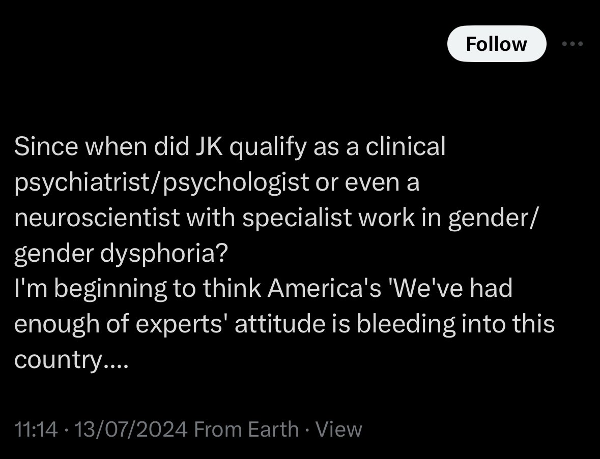 J.K. Rowling (@jk_rowling) on Twitter photo Sharing the verbatim views of eminent psychiatrists and endocrinologists doesn’t make me either, perfectly true.
Now explain why the world should listen to ex-taxation lawyer <a href="/JolyonMaugham/">Jo Maugham</a>’s unevidenced assertions about teenage suicide. Sharing the verbatim views of eminent psychiatrists and endocrinologists doesn’t make me either, perfectly true.
Now explain why the world should listen to ex-taxation lawyer <a href="/JolyonMaugham/">Jo Maugham</a>’s unevidenced assertions about teenage suicide.