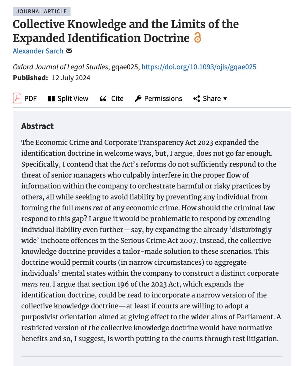 should_b_workin's tweet image. Very happy to report that this is out today!

It&apos;s about how criminal law should handle willful ignorance in corporations--not just WI individuals but structures of WI that management knows will make the company less likely to discover risks of harm.

academic.oup.com/ojls/advance-a…