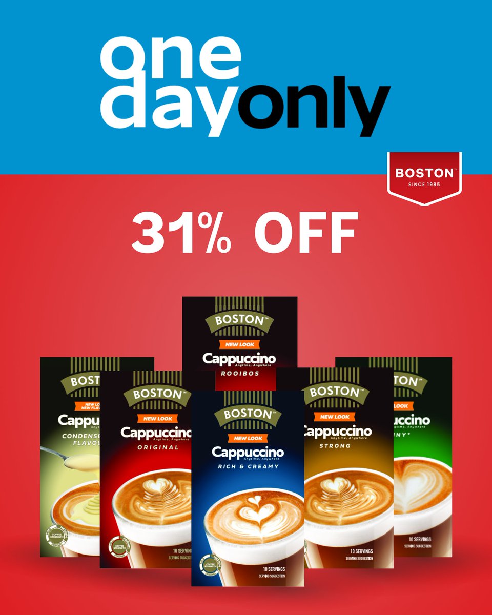 Boston_SA8's tweet photo. 🚨 Hot Deal Alert!!! 🔥
Just for today, you get to enjoy this lekker cosy Boston Cappuccino Sticks deal from One Day Only. ☕
https://t.co/D3T0ZUK5yD – this offer expires in 24 hours! ⏱️
#BostonBrand #QualityProduct #EveryonesSomeone #HouseholdProducs #OneDayOnly https://t.co/K6XqxzVJGe