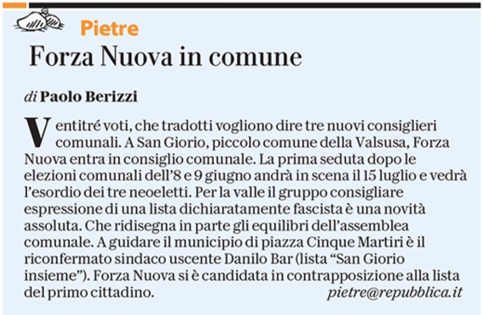 PBerizzi's tweet photo. Forza Nuova entra in Comune a San Giorio in Valsusa. Il Parlamento italiano aveva chiesto di sciogliere il partito neofascista dopo l'assalto alla Cgil. Niente è stato fatto. Facciamo finta di niente?   

#Pietre
@repubblica https://t.co/WYajb7ygmS