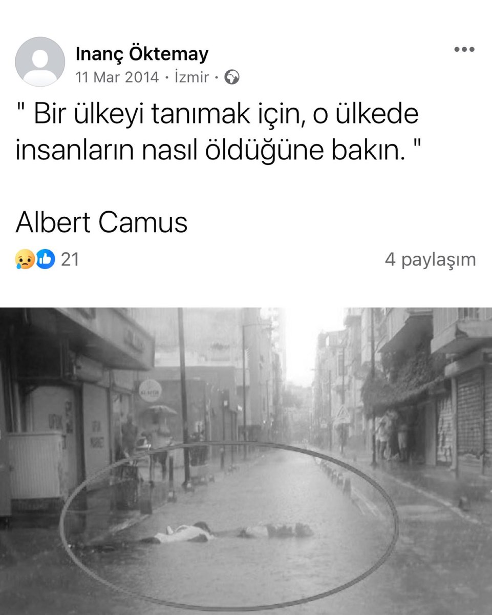 bpthaber's tweet photo. İzmir'de yağmur birikintisindeki elektrik akımına kapılarak hayatını kaybeden İnanç Öktemay'ın 2014’teki Albert Camus alıntılı paylaşımı:

"Bir ülkeyi tanımak için, o ülkede insanların nasıl öldüğüne bakın." https://t.co/cj7l1dkiOM