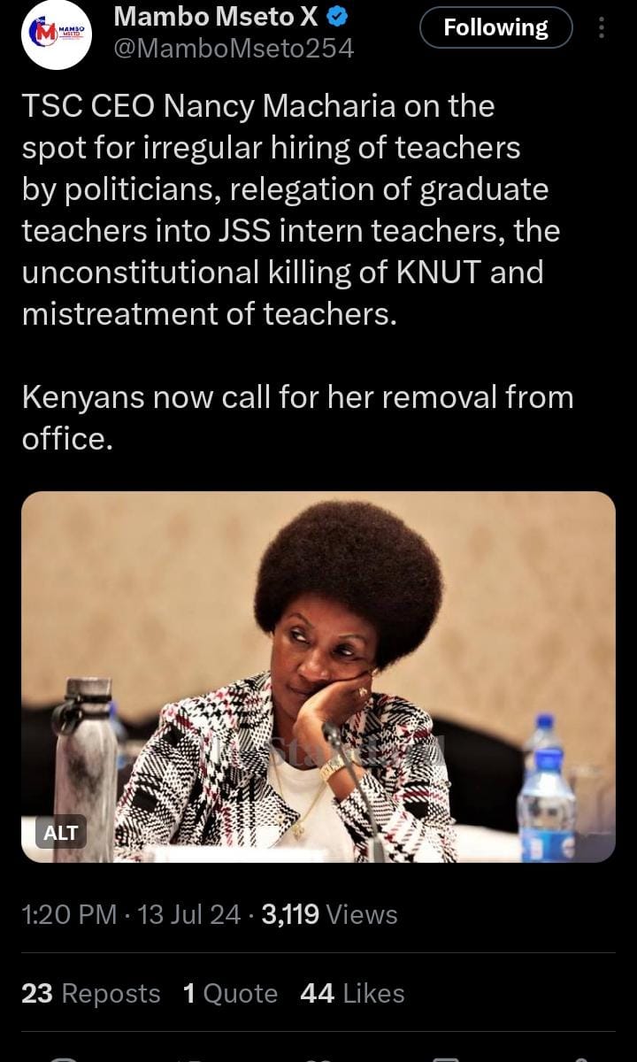 In fact all TSC officials from national to subcounty level. They are only doing one thing properly, punishing and frustrating teachers. My friends who are teachers are crying.
Corruption everywhere.
#OccupyTSC 
#Reinstate742interns 
#confirm46kJssInterns