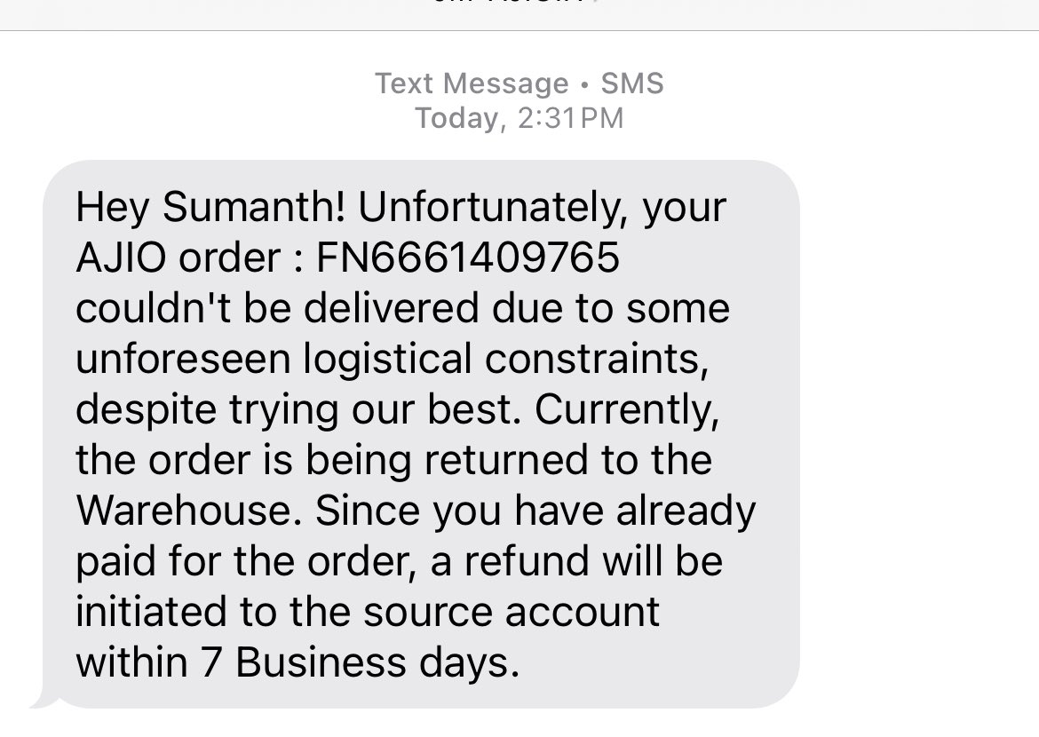 itsmee_Maddy's tweet photo. @AJIOLife @AjioCares : pathetic service 
Ordered 15 days back and yesterday was suppose to deliver and today got a text message saying unable to ship order and refund initiated. Worst service provider you guys must be doing finance with customer money, such a fraud service https://t.co/0ednScEItB