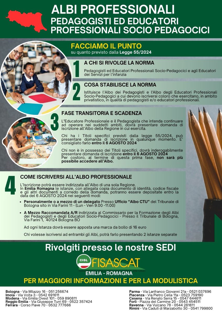 Istituiti  #albo #Pedagogisti #Educatoriprofessionali 
L’istanza per l’iscrizione da presentare in #emiliaromagna entro il 6 agosto 2024!
<a href="/FisascatCisl75/">Fisascat Cisl</a> <a href="/FisascatBologna/">Fisascat Bologna</a> <a href="/fisascater/">Fisascat Cisl Emilia Romagna</a>