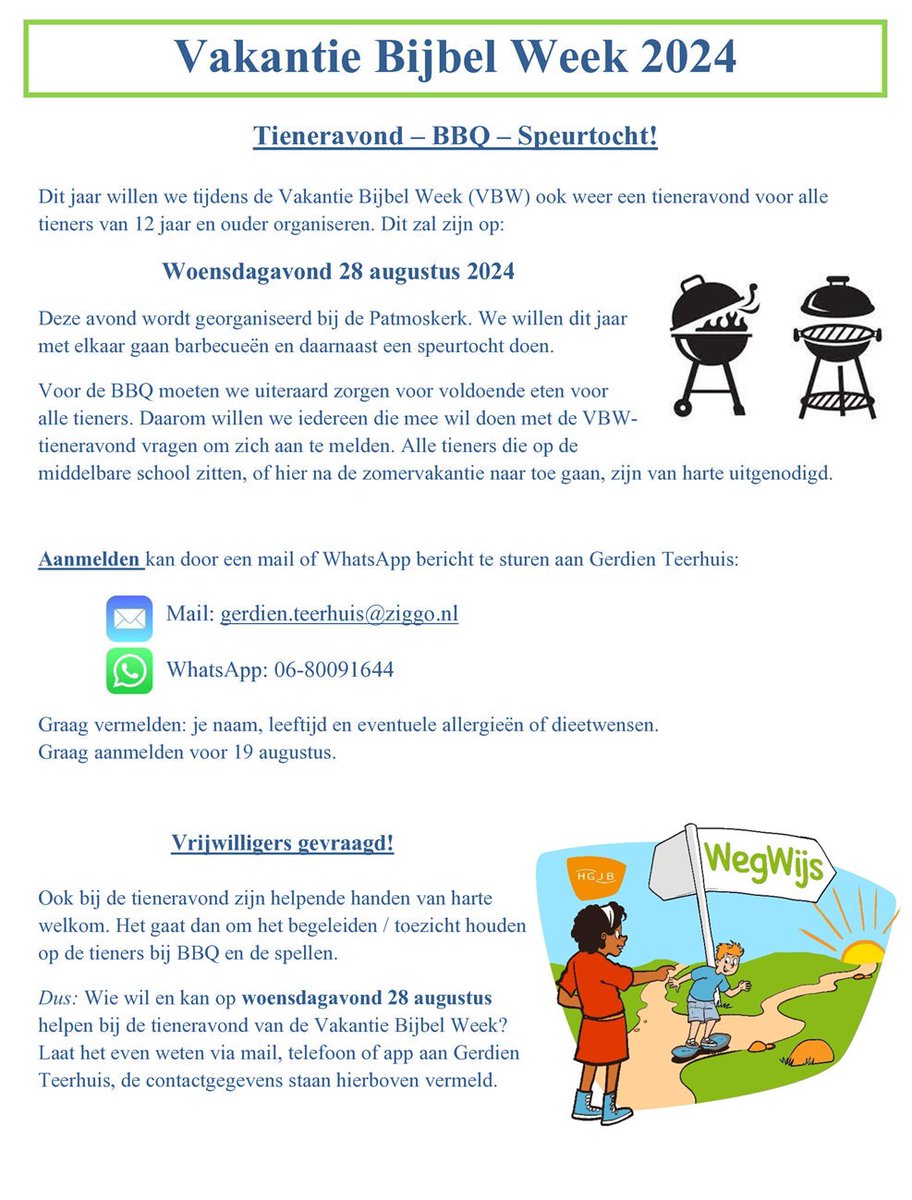Tieneravond - BBQ - Speurtocht tijdens Vakantie Bijbel Week 2024
🗓️   Maandag 26, dinsdag 27 en woensdag 28 augustus
markernieuws.com/2024/19023.htm #Marken #VakantieBijbelWeek #VBW2024 #VBW #ProtestantsMarken #Patmoskerk #Wegwijs <a href="/GerdienTeerhuis/">Gerdien Teerhuis</a> #vrijwilligers #tieneravond #BBQ