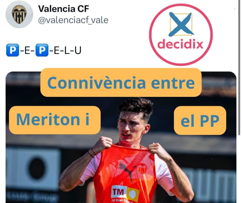 decidix's tweet photo. ❌Denunciem l'explícita connivència entre Meriton i el PP.
⚽No tolerem faltes de respecte a l'afició. El VCF és de tots i no per als vostres negocis.
🫵🏽Des de decidix, vigilarem que no seguiu destrossant el nostre club en les vostres especulacions.
#decidix #valenciacf https://t.co/3C9ayex8uy