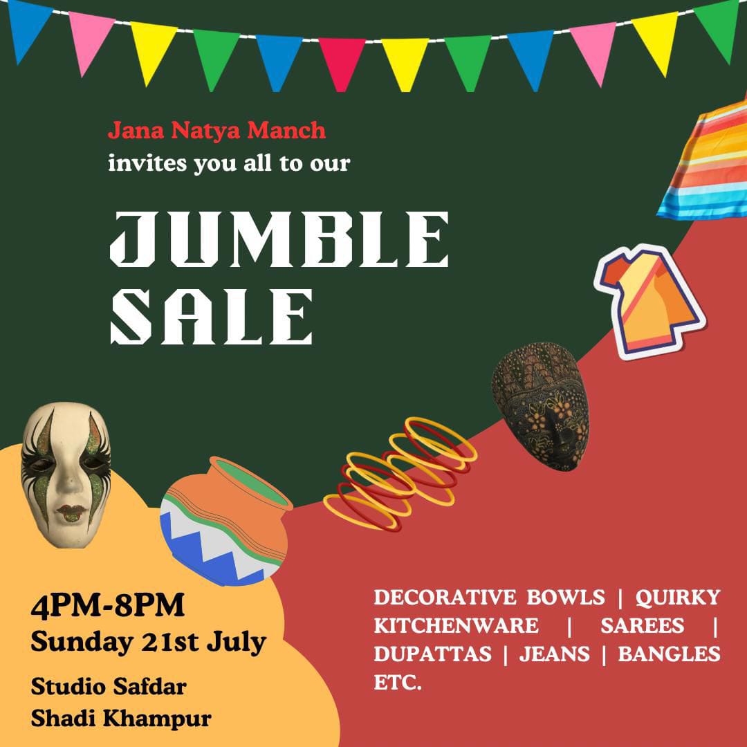 StudioSafdar's tweet photo. Jana Natya Manch, is doing a Jumble Sale to raise funds for much-needed repairs in our office and rehearsal space. 

Join us on- 

Date: 21st July, 2024 
Day: Sunday
Time: 4:00 pm to 8:00 pm
Venue: Studio Safdar, 2254/2A Shadi Khampur, New Ranjit Nagar, New Delhi 110008 https://t.co/p5v1qN4BxC