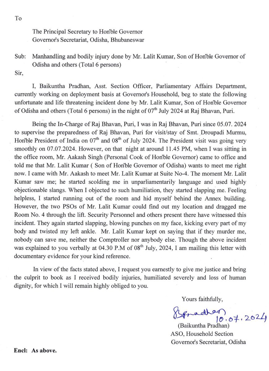 jsuryareddy's tweet image. Shocking
Baikuntha Pradhan, ASO, Parliamentary Affairs, working at Raj Bhavan in #Odisha, alleged that he was physically #Assaulted, slapped, kicked and punched by #Governor Raghubar Das's son, Lalit Kumar and 6 others, for not sending luxury car to pick him up.

#OdishaGovernor
