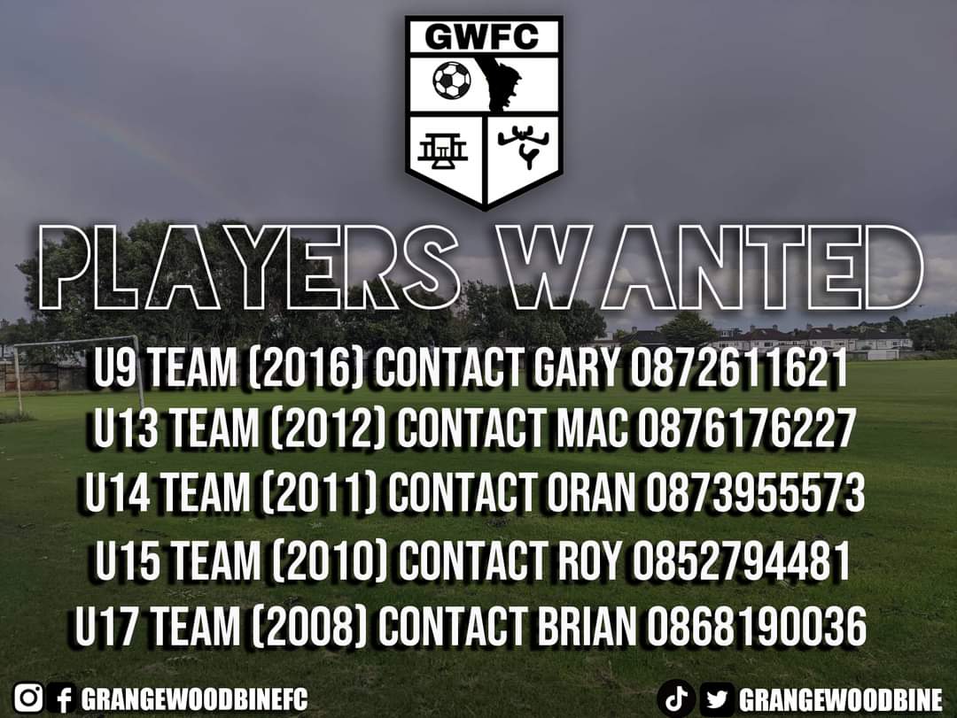 U9s, U13s, U14s, U15s and U17 teams looking to add players to their squads for the upcoming season.

If you or your child are looking to move club or get involved playing football please get in contact with the manager of age group at the number provided in the graphic.

#GWFC