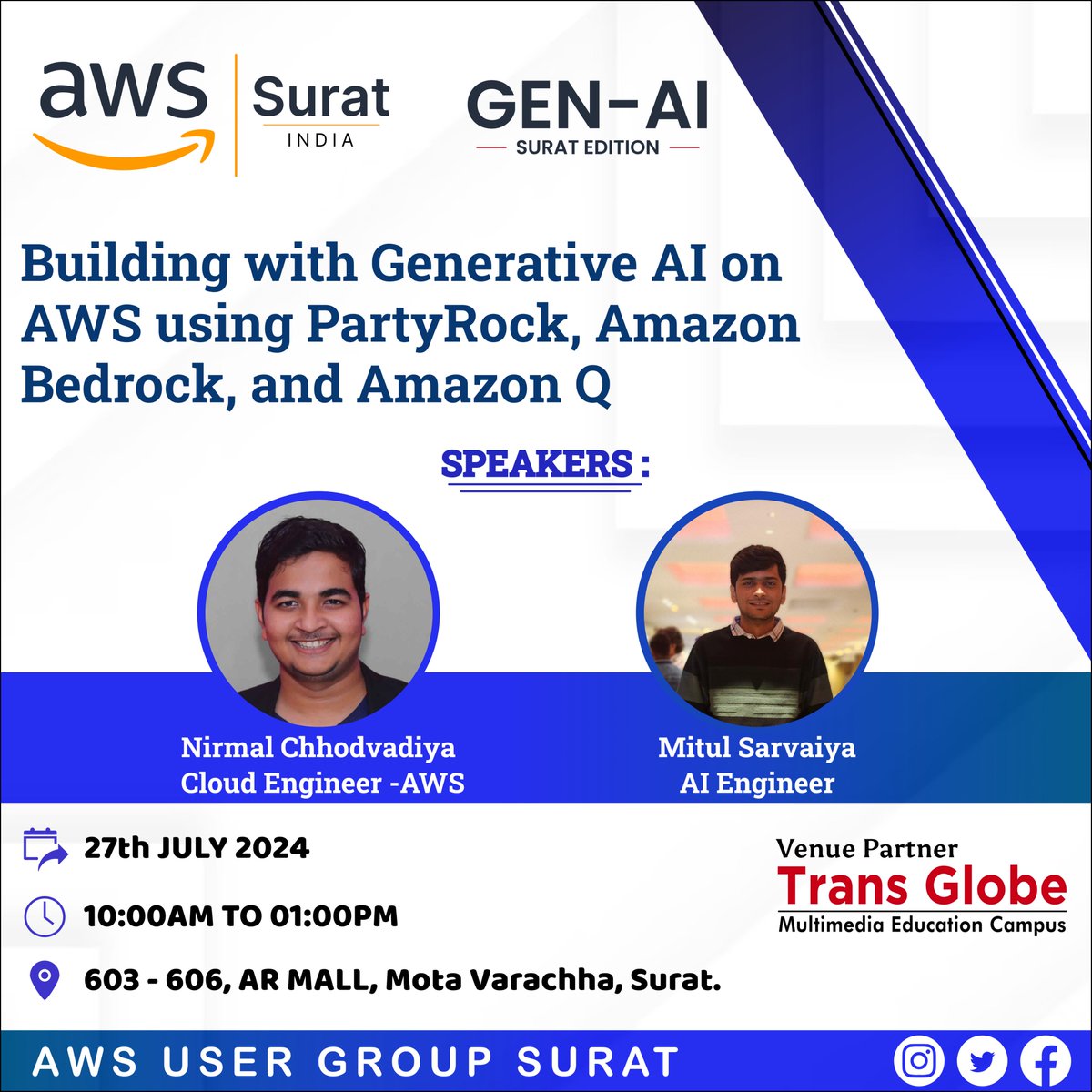 Hello Everyone,
We are hosting another exciting event after a long gap.

𝐁𝐮𝐢𝐥𝐝𝐢𝐧𝐠 𝐰𝐢𝐭𝐡 𝐆𝐞𝐧𝐞𝐫𝐚𝐭𝐢𝐯𝐞 𝐀𝐈 𝐨𝐧 𝐀𝐖𝐒 𝐮𝐬𝐢𝐧𝐠 𝐏𝐚𝐫𝐭𝐲𝐑𝐨𝐜𝐤, 𝐀𝐦𝐚𝐳𝐨𝐧 𝐁𝐞𝐝𝐫𝐨𝐜𝐤, 𝐚𝐧𝐝 𝐀𝐦𝐚𝐳𝐨𝐧 𝐐
𝐑𝐞𝐠𝐢𝐬𝐭𝐫𝐚𝐭𝐢𝐨𝐧 𝐋𝐢𝐧𝐤: shorturl.at/J1QNC