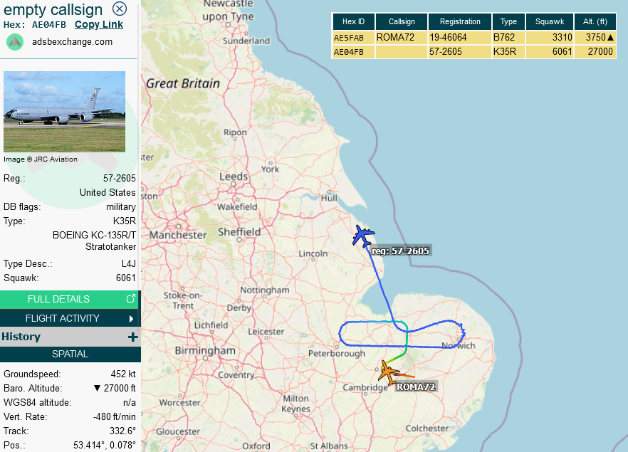 SirListenalot's tweet image. #KC135 #ROMA71 (round trip Mildenhall) &amp;amp; #KC46 #ROMA72 (Mildenhall - Pease) dragging six "SP" #F16's #TREND21 bound for Andrews. Expect KC46 #AE63BA #ROMA73 out of Pease to join in later