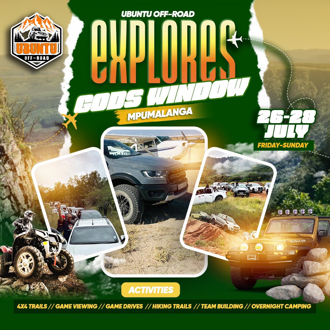 UbuntuOffRoad's tweet photo. It’s that time again. 🗣️🗣️🗣️
Ubuntu family invites you to join us Gods Window in Mpumalanga 26-28 July 2024 for some fun in the mountains.
Ubuntu Off-Road
Let’s Go where the WiFi is weak ❗️
#offroading #camping #bush #Mpumalanga #GodsWindow https://t.co/YkVeIlbs9r