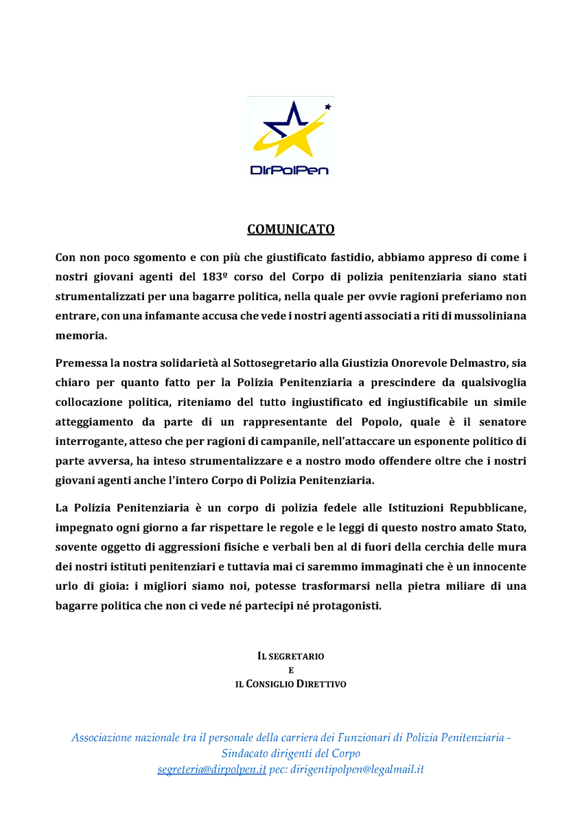 pen_dir's tweet photo. DirPolPen esprime piena vicinanza e solidarietà al Sottosegretrario Andrea Delmastro ribadendo con forza che la Polizia Penitenziaria è un corpo di polizia fedele alle Istituzioni Repubblicane impegnato ogni giorno a far rispettare le regole e le leggi del nostro amato Stato. https://t.co/xKwQ0kY3na