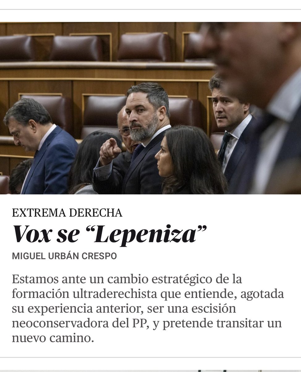 ⏰ Vox se “Lepeniza”

Nos equivocaríamos en concebir la decisión de Vox como una jugada táctica motivada por la coyuntura del reparto de menores no acompañados desde Canarias. Estamos ante un paso más de un cambio estratégico de la formación ultraderechista que entiende agotada