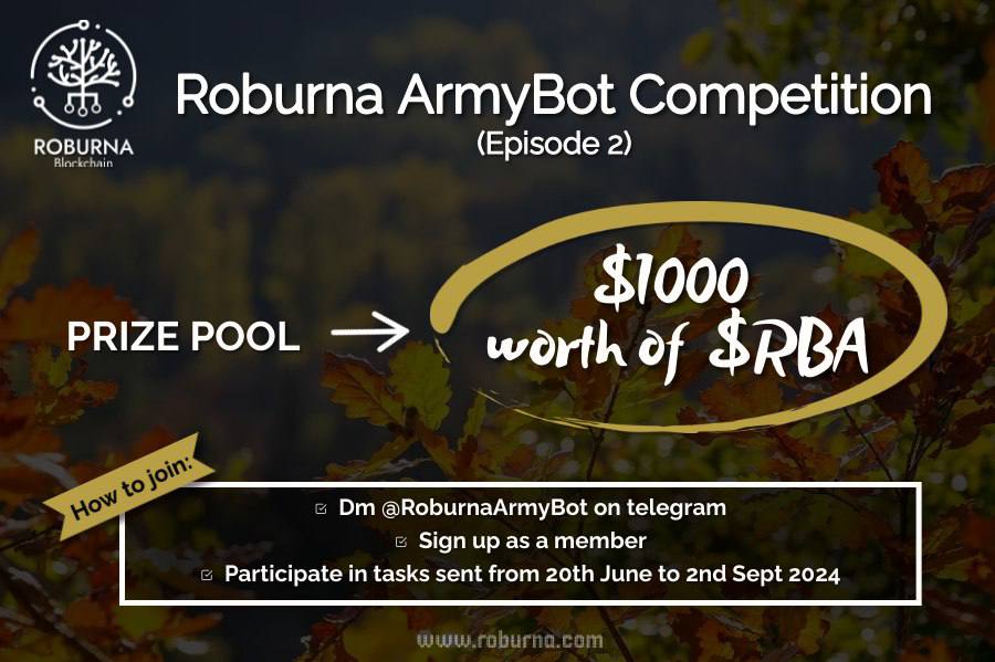 Roburnaofficial's tweet photo. 🔥🌳 Join the fun with Roburna and compete for a share of $1000 worth of RBA! 🏆

📅 Competition started June 20 and runs until September 2, 2024
💰 Top 10 win $50 each, ranks 11-30 win $25 each
🤖 Message our Telegram Bot https://t.co/vxkzDcf4Ga with /start to join
🏅 New leaderboard to be posted on Monday!

There's still plenty of time to join and refer friends to win even more rewards! Let’s make Episode 2 bigger and better! 🫡

#RoburnaBot #Blockchain #Crypto #RBA #GreenBlockchain